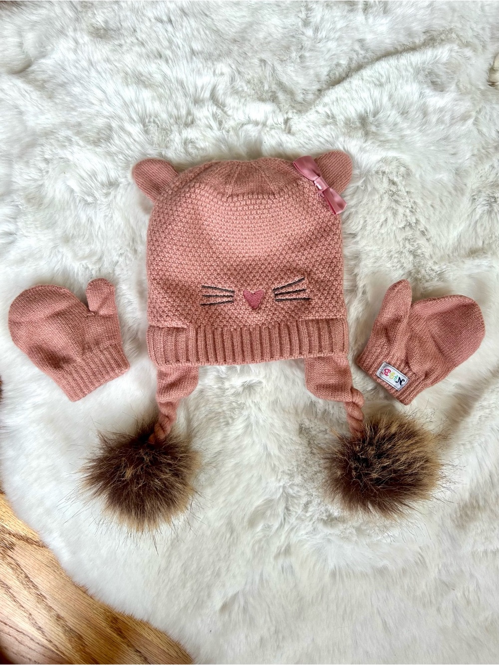 Toby NYGB Infant Pink Knit Cat Ear Hat with Matching Mittens 6-18 MOS